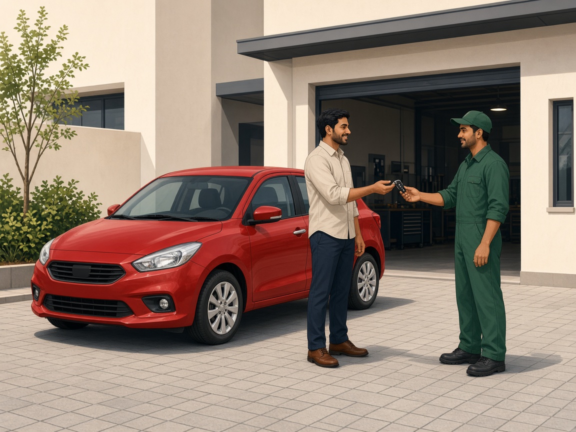 Customer handing car keys to a mechanic at the garage