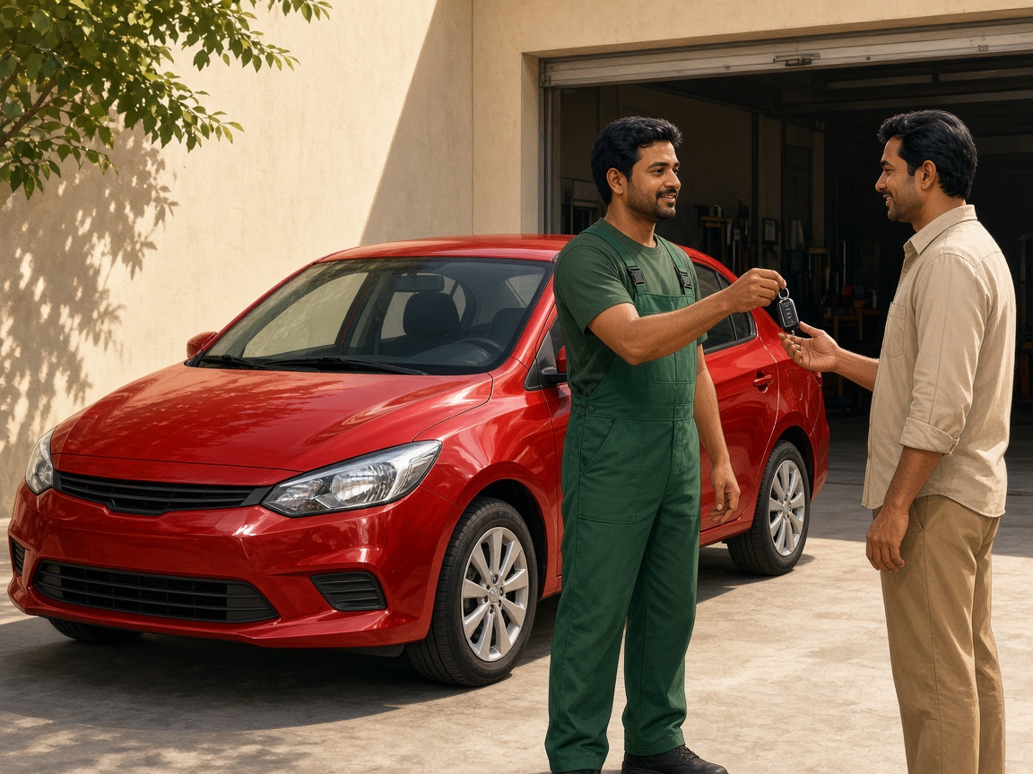 Mechanic handing keys to a customer after the car is washed