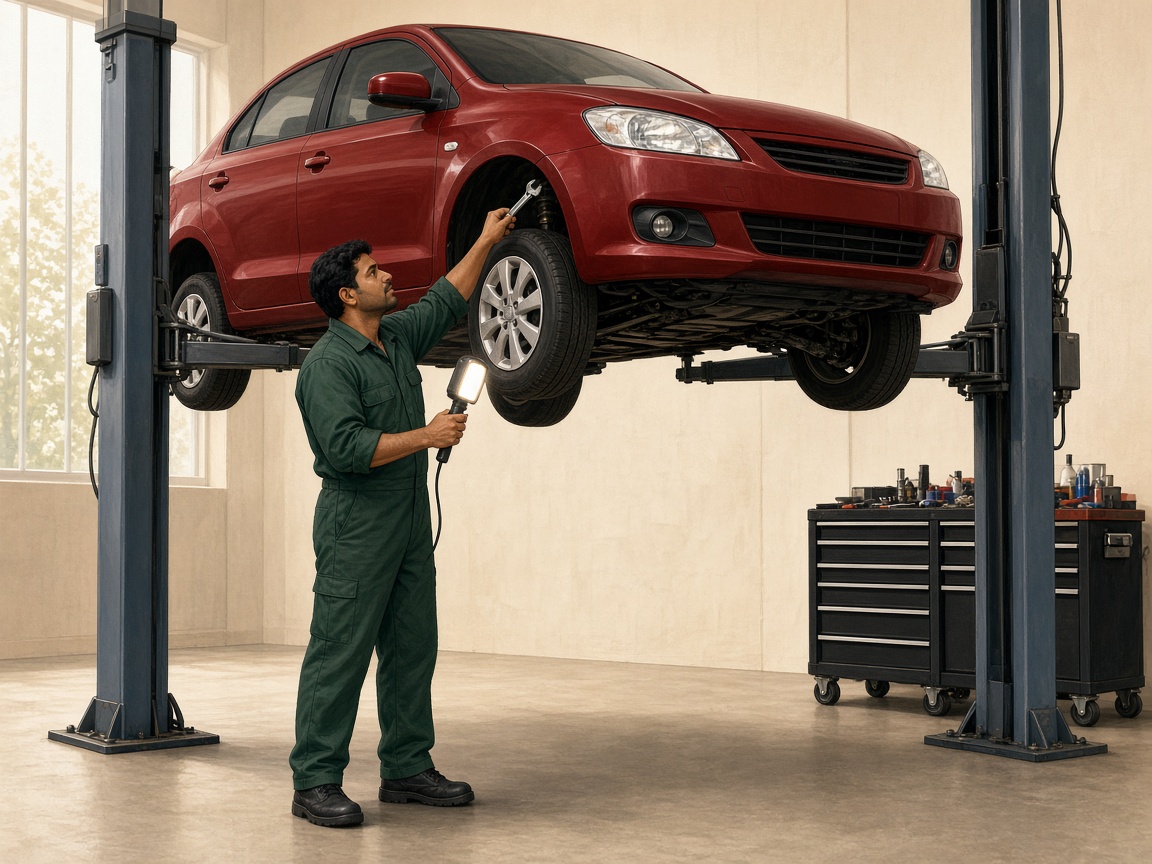 Mechanic repairing a car raised on a hydraulic lift