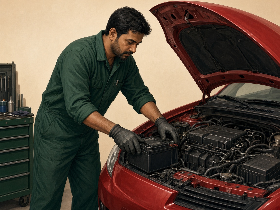 Mechanic replacing a car battery