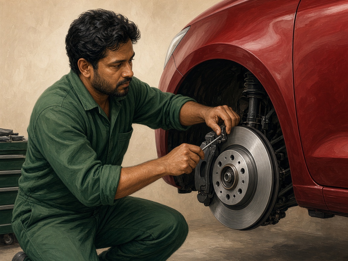 Mechanic servicing car brakes on a lift