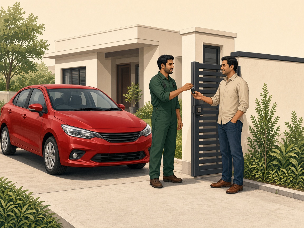 Mechanic delivering a serviced car to a customer at home