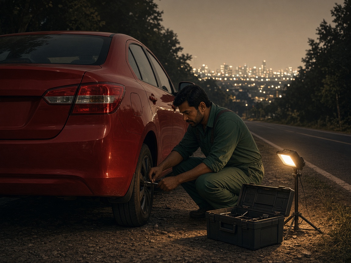 Mechanic helping a stranded car with roadside assistance