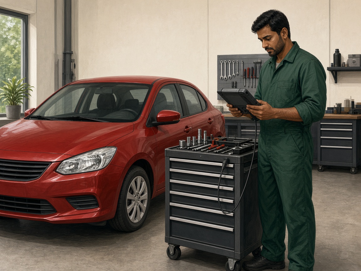 Mechanic using diagnostic tools and workshop equipment